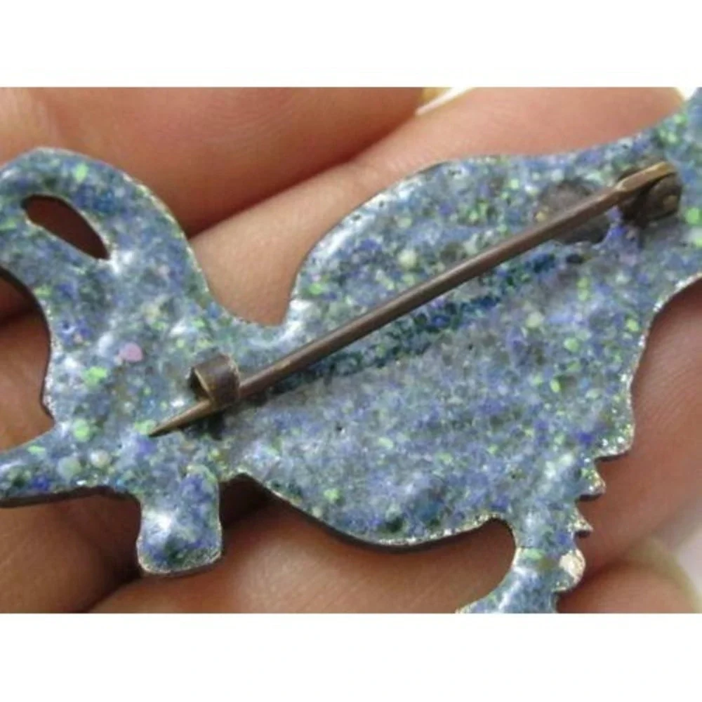 Unusual Antique Victorian‎ Blue & Green Bird Animal Baked Enamel Brooch Pin